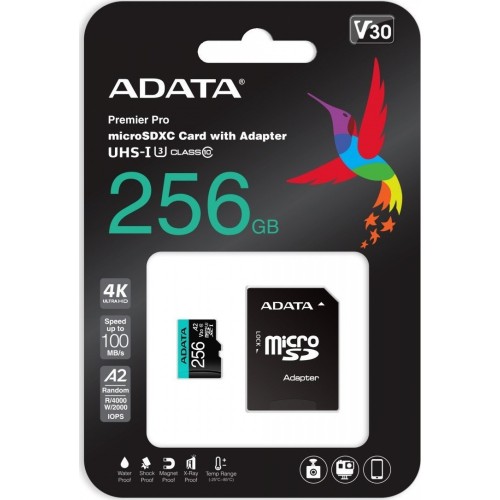 Adata Premier Pro microSDXC 256GB U3 V30 A2 UHS-I 100MB/s με αντάπτορα