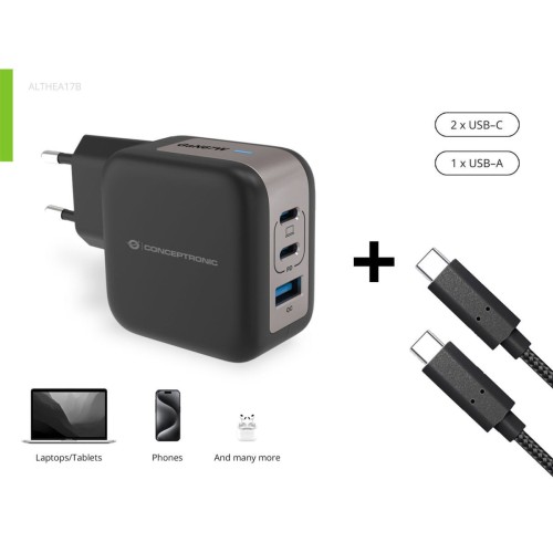 Conceptronic Φορτιστής με Θύρα USB-A και 2 Θύρες USB-C και Καλώδιο USB-C - USB-C 67W Power Delivery Μαύρος (ALTHEA17B)
