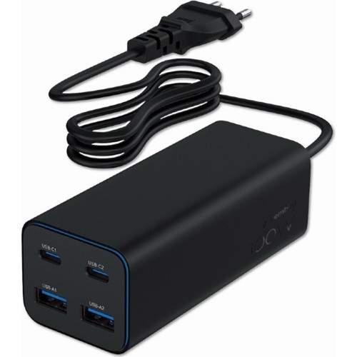 Gembird Βάση Φόρτισης GaN με 2 Θύρες USB-A και 2 Θύρες USB-C 100W Power Delivery / Quick Charge 3.0 σε Μαύρο χρώμα (TA-UC-2A2C-PD100-01-BK)