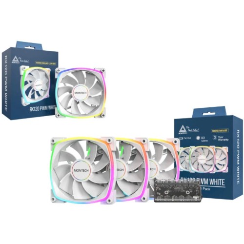 Montech Reverse Blade Case Fan 76.2mm (1600rpm / 59cfm) με ARGB Φωτισμό και Σύνδεση 4-Pin PWM / 3-Pin 3τμχ Λευκό